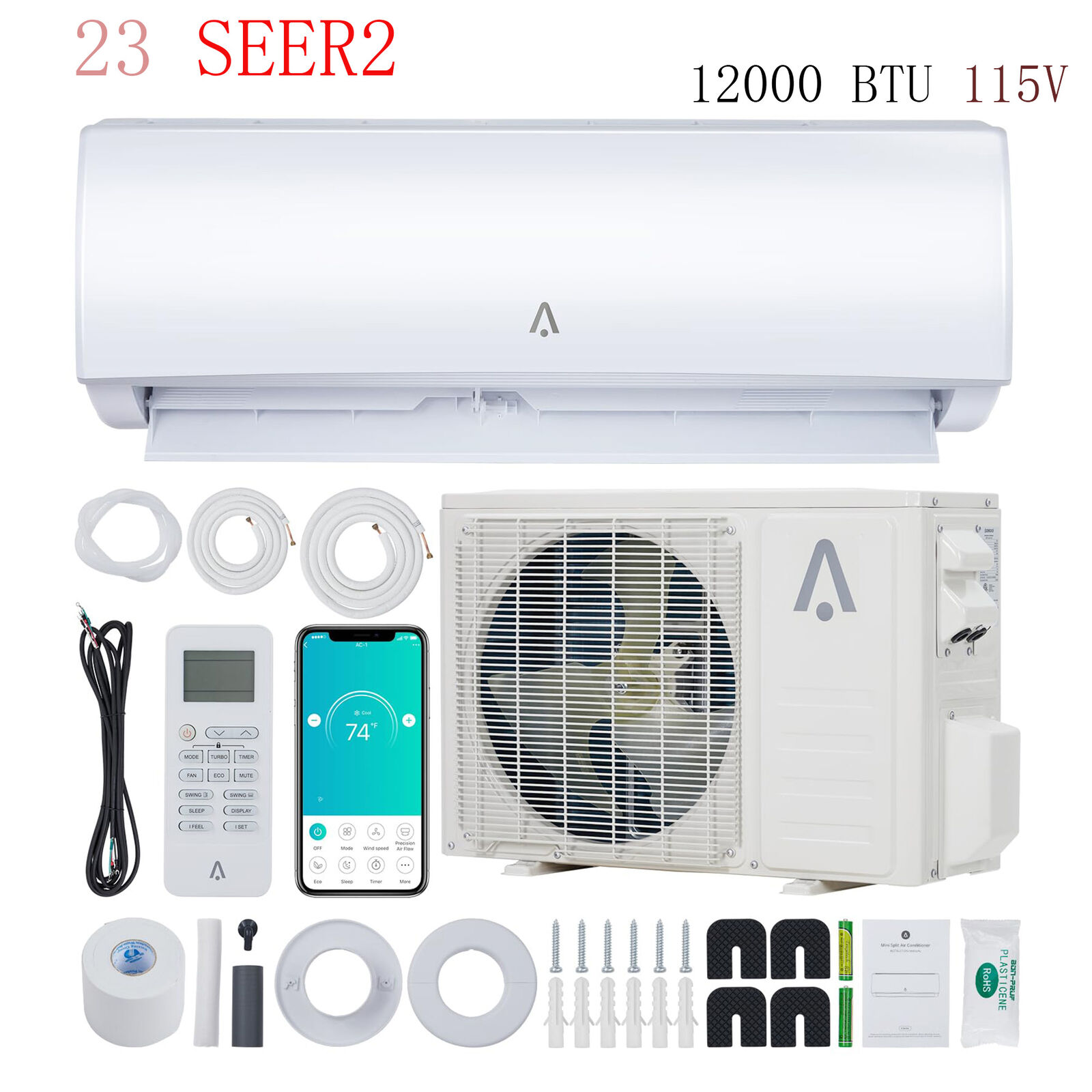 12000 BTU Mini Split Air Conditioner Inverter 23 SEER2 Heat Pump 115V Wifi 1 Ton