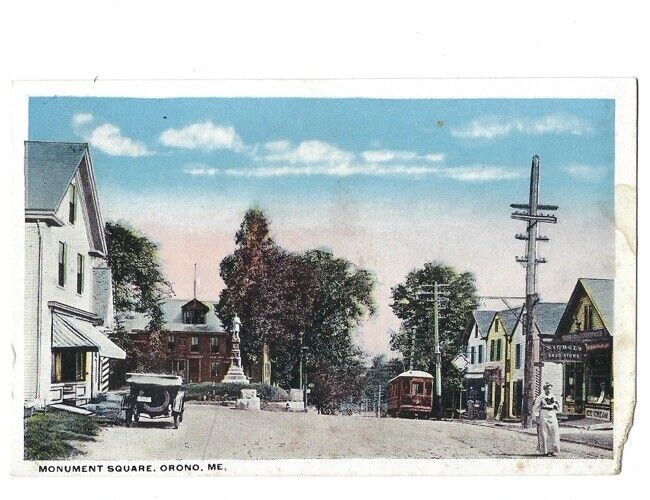c1910 Monument Square Orono Maine ME Old Cars Nichols Drug Store Sign Postcard
