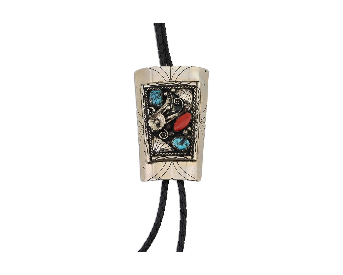 Navajo Bolo Tie .999 Nickel Coral & Turquoise Signed Animal Paw C.80\'s