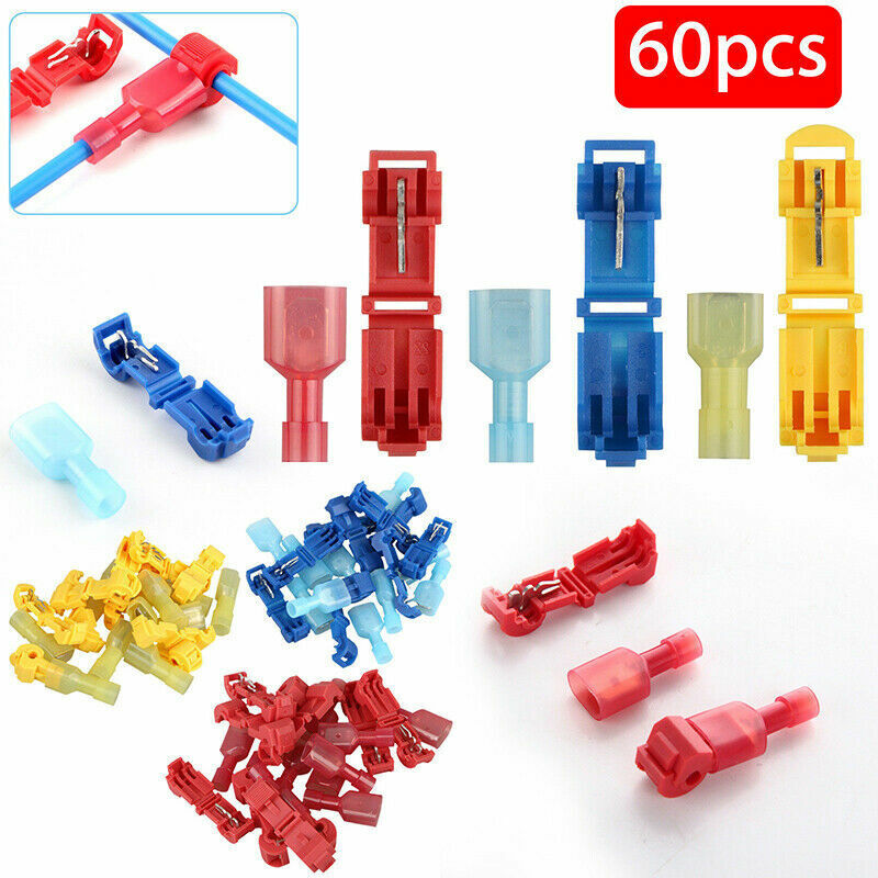 60PCS 22-10AWG T-Taps Insulated Quick Splice Lock Wire Terminals Connectors Kit