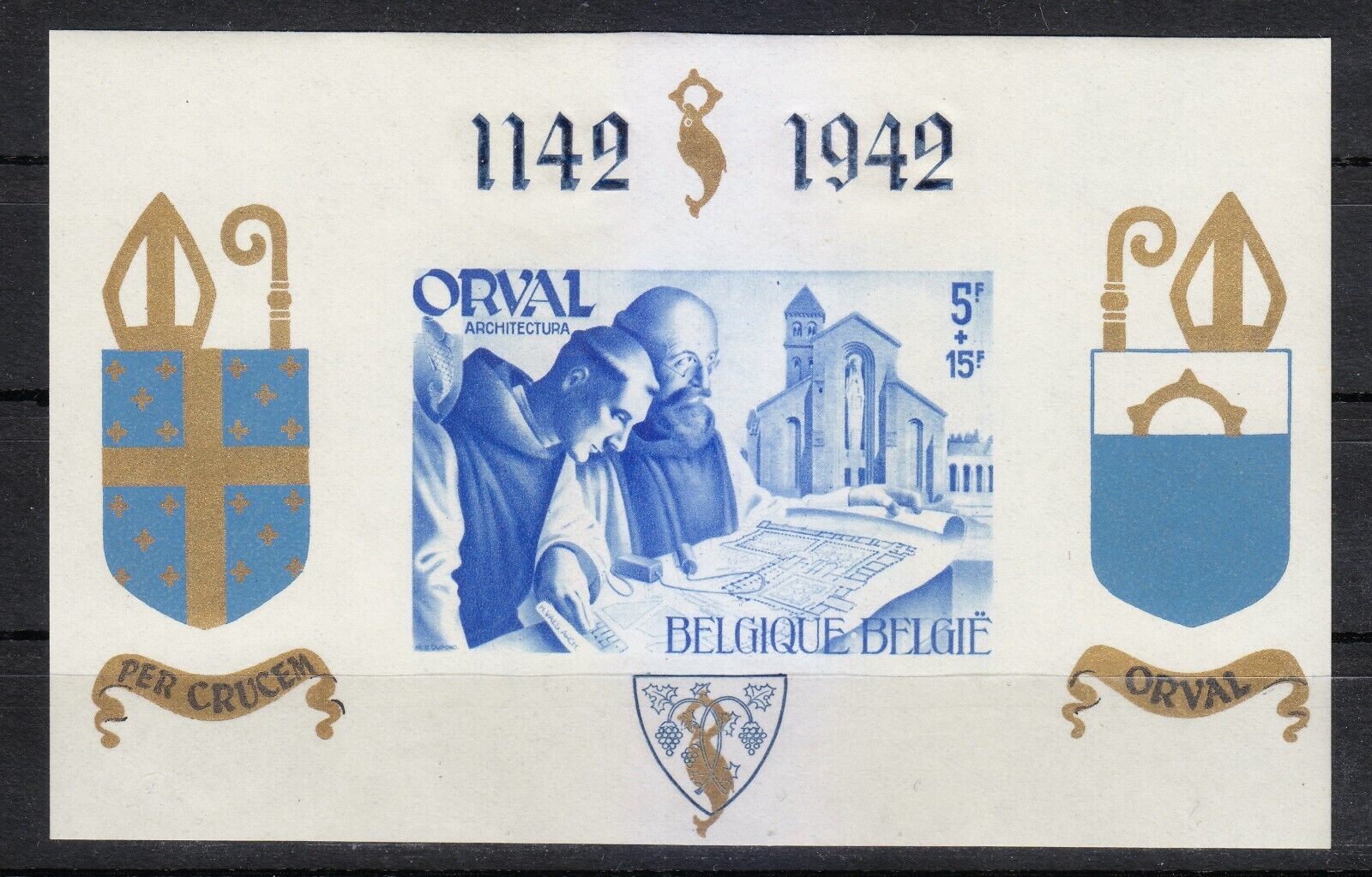 Belgium 1937 MNH Block V.I. Type 1 in Blue imperforated Orval Abbey. Signed **