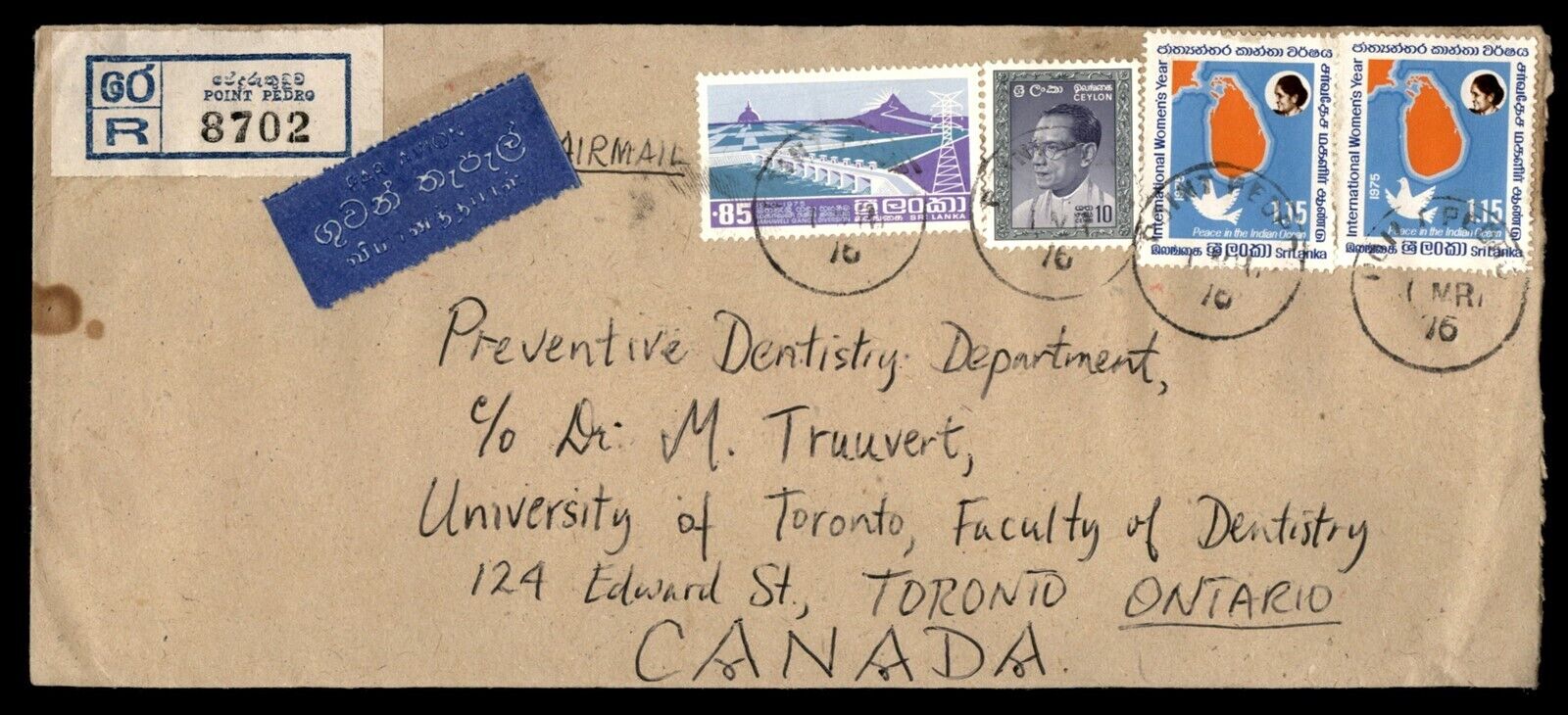 Mayfairstamps Ceylon 1976 Reg Point Pedro to Toronto Ont Canada Cover aah_87995