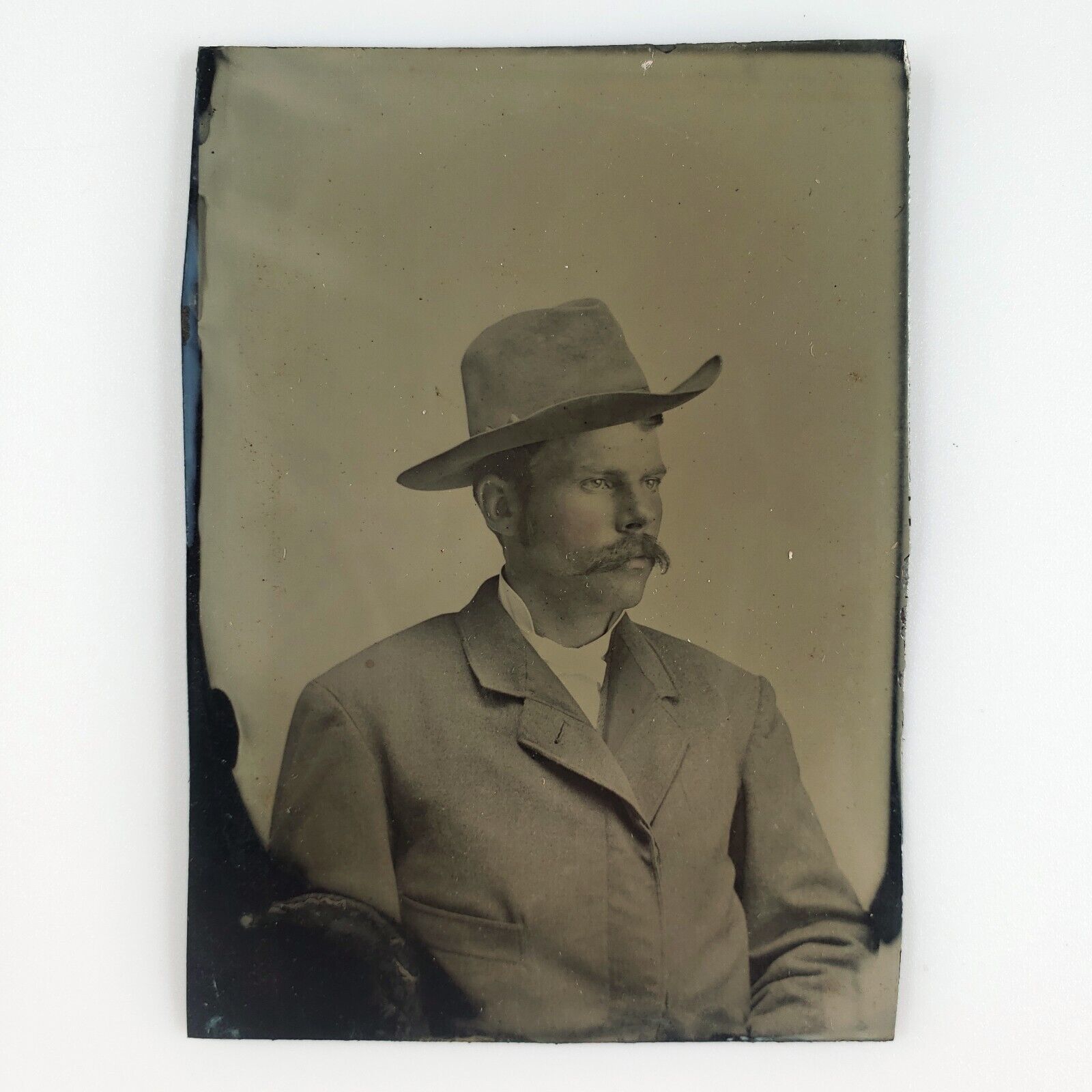 Big Mustache Cowboy Man Tintype c1870 Antique Western Boy 1/6 Plate Photo A4090