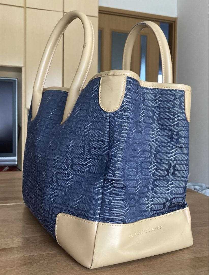 BALENCIAGA Tote Handbag Logo Canvas Leather Blue Beige women\'s USED FROM JAPAN