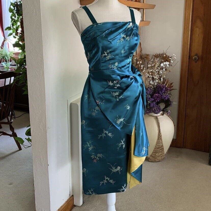 Vintage 1950’s Teal Chinese Silk Bombshell Wiggle Dress Large Bow