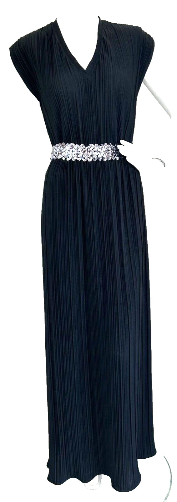 Vintage Edith Flagg Plisee Dress Maxi V-Neck Sleeveless Sequin Belt Black S EUC