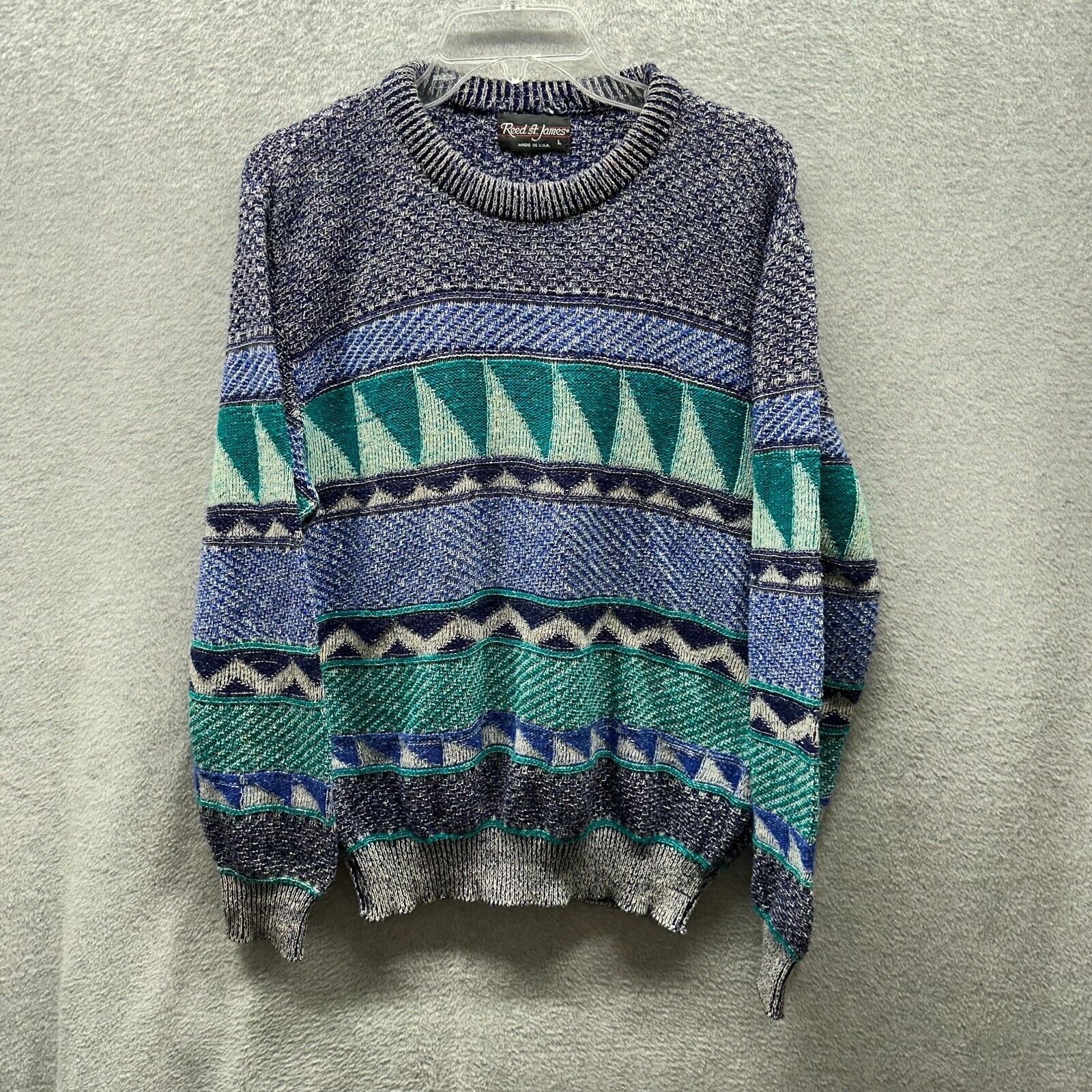 Vintage Reed James Sweater Adult Large Blue Green Diamond Knit 80s Mens