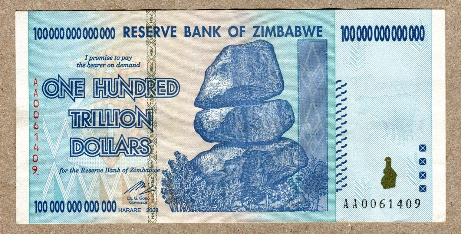 Zimbabwe 100 Trillion Dollar EXTREMELY LOW Serial AA00...VF Money Inflation