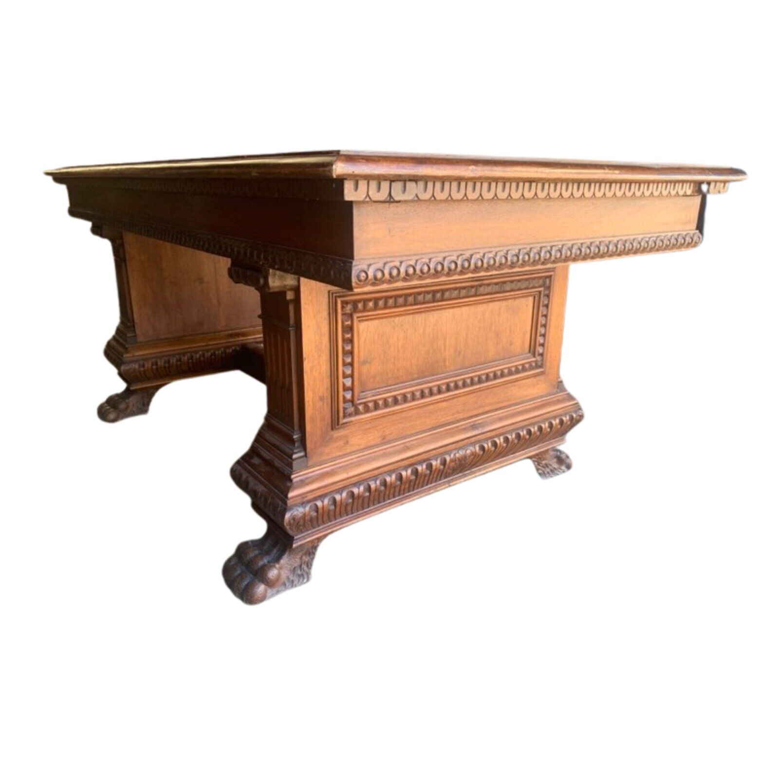 Desk Library / Table, Renaissance Style, Carved, Walnut, Paw Foot, Vintage