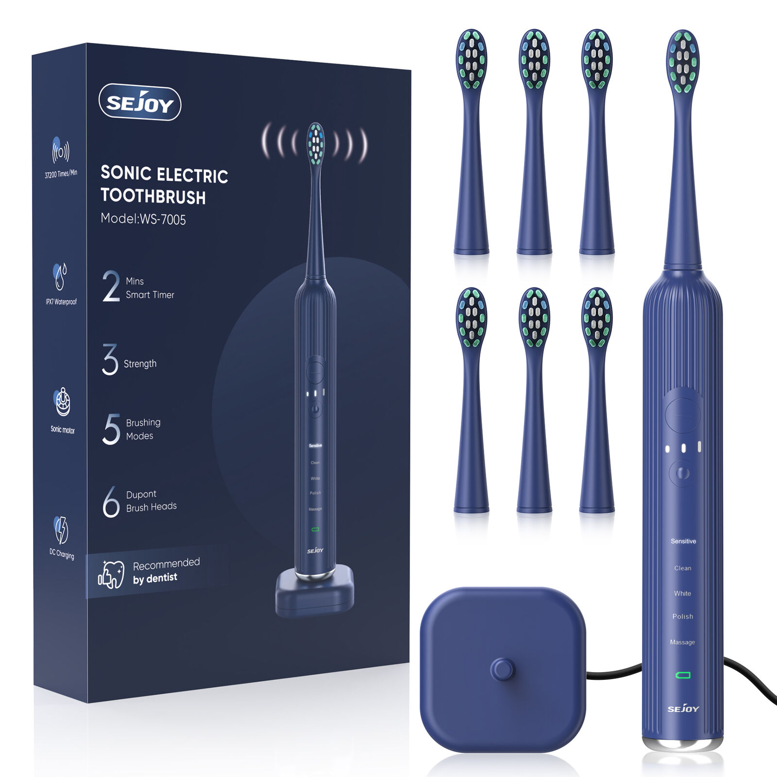 SEJOY Sonic Electric Toothbrush 5 Mode 3 Intensity Wireless Charge 6 Brush Heads