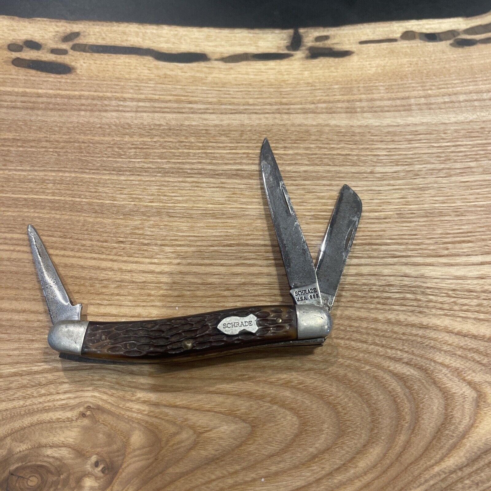 Vintage Schrade Walden NY USA 3 Blade Pocket Knife #899 Jigged Delrin Handles