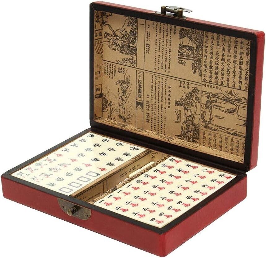 Vintage Chinese Mahjong Set Traditional 144 Tiles Mah-Jong Game Set w/ Case Box
