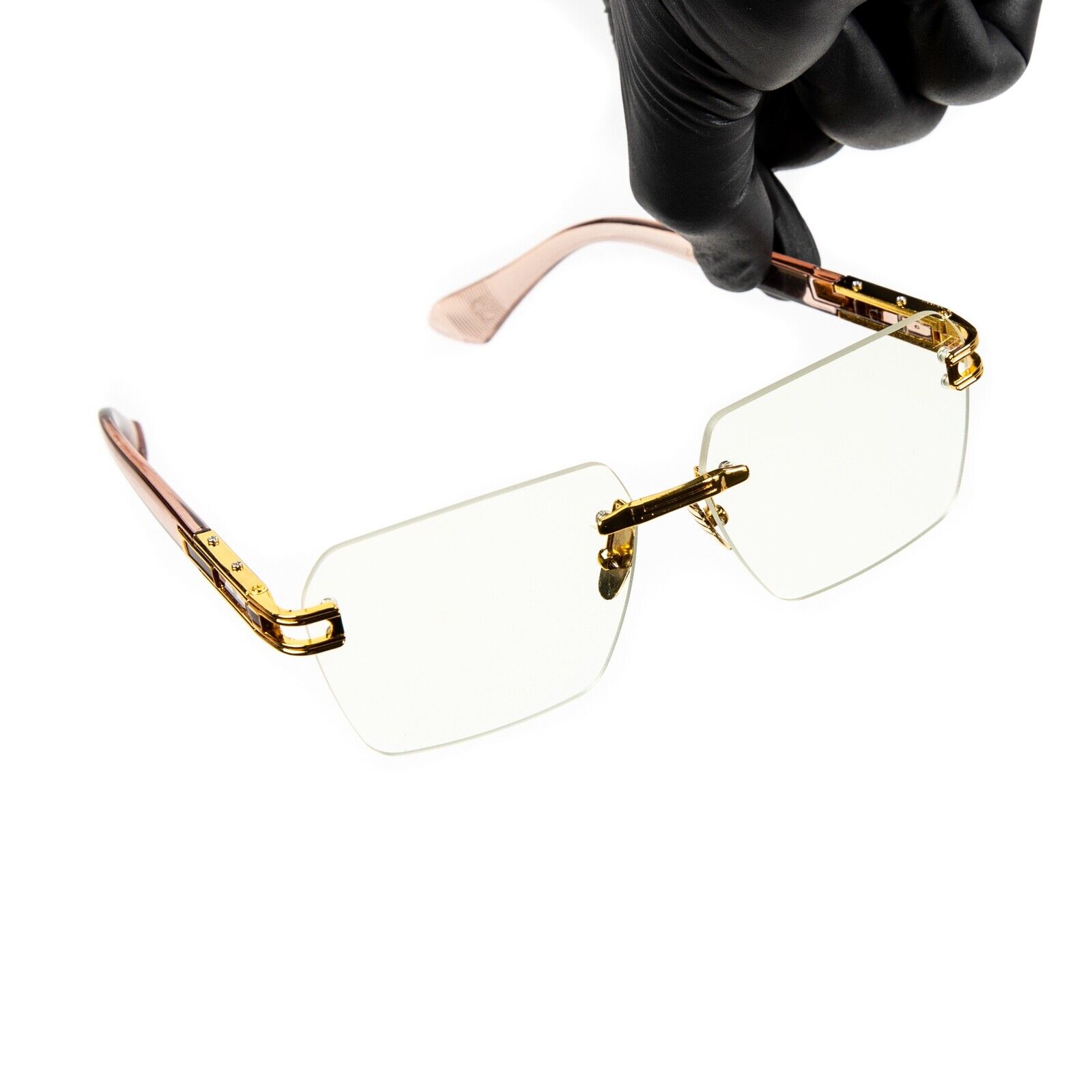 Gold Frame Pink Arm Rimless Vintage Y2K Fashion Men\'s Clear Lens Glasses