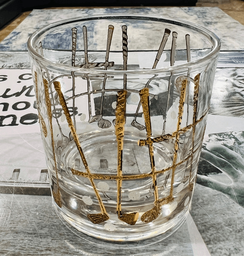 Vintage 1960\'s Georges Braird 22k Gold Golf Rocks Cocktail Lowball Glass Mid Cen