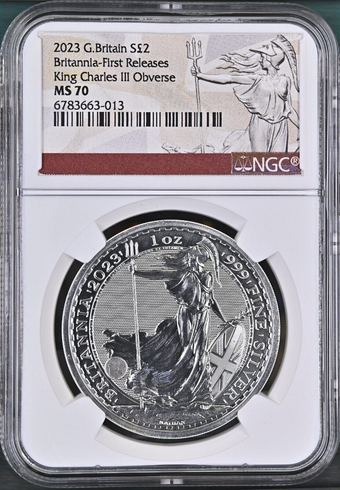 2023 G Britain Silver 2 Pounds Britannia NGC MS70 First Release King Charles Obv