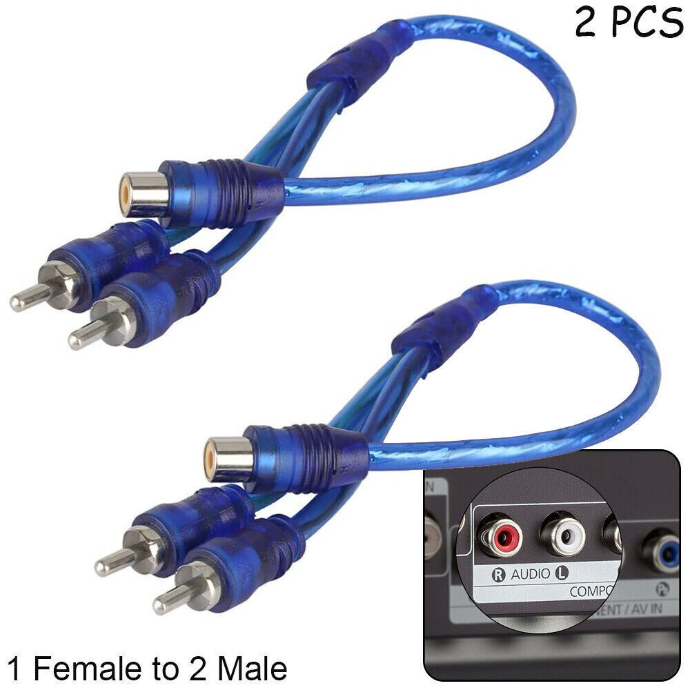 2pcs RCA Y Splitter Audio Jack Cable Adapter 1 Female to 2 Male Connector Blue