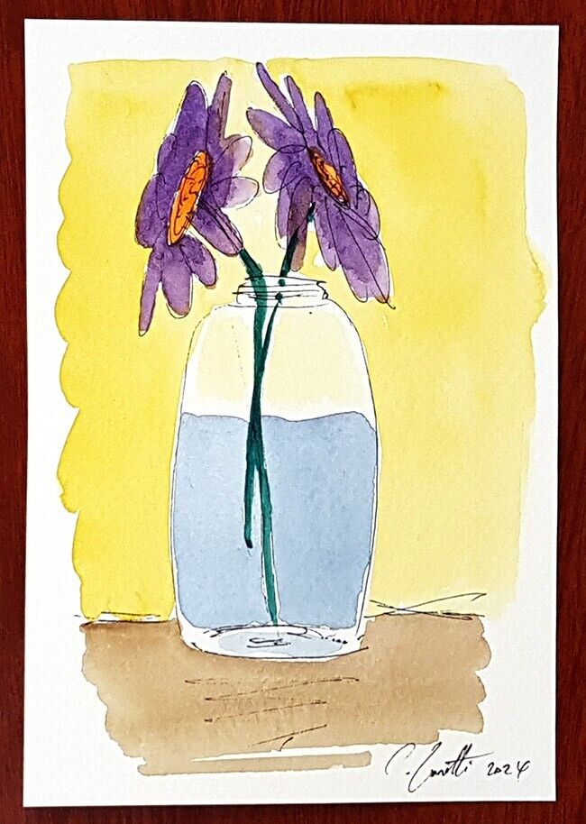 CHRIS ZANETTI Original Watercolor Painting JAR OF FLOWERS Floral Art 6\