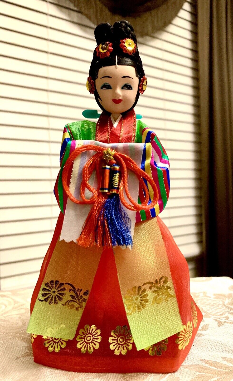 Beautiful Japanese Ceremonial Girl Geisha Porcelain Doll on Display Stand