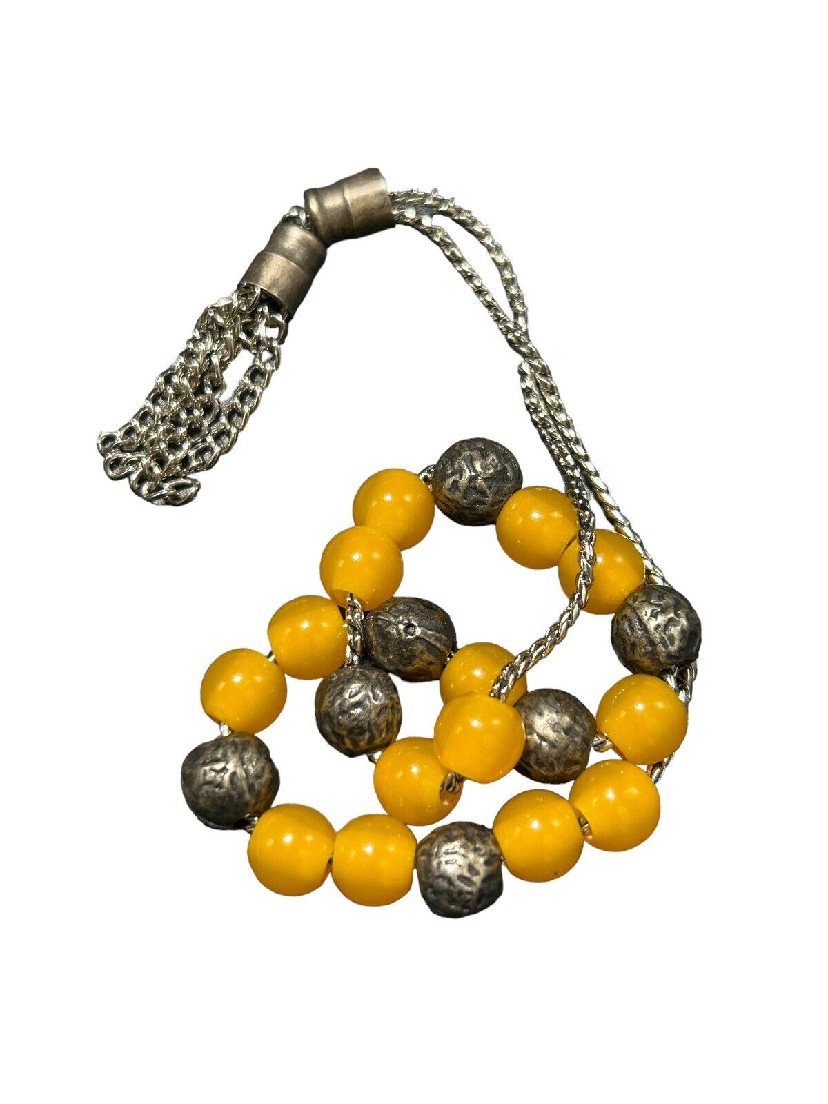 Vintage Agate Prayer Beads Islamic Rosary Yellow Silver Gemstone Toggle