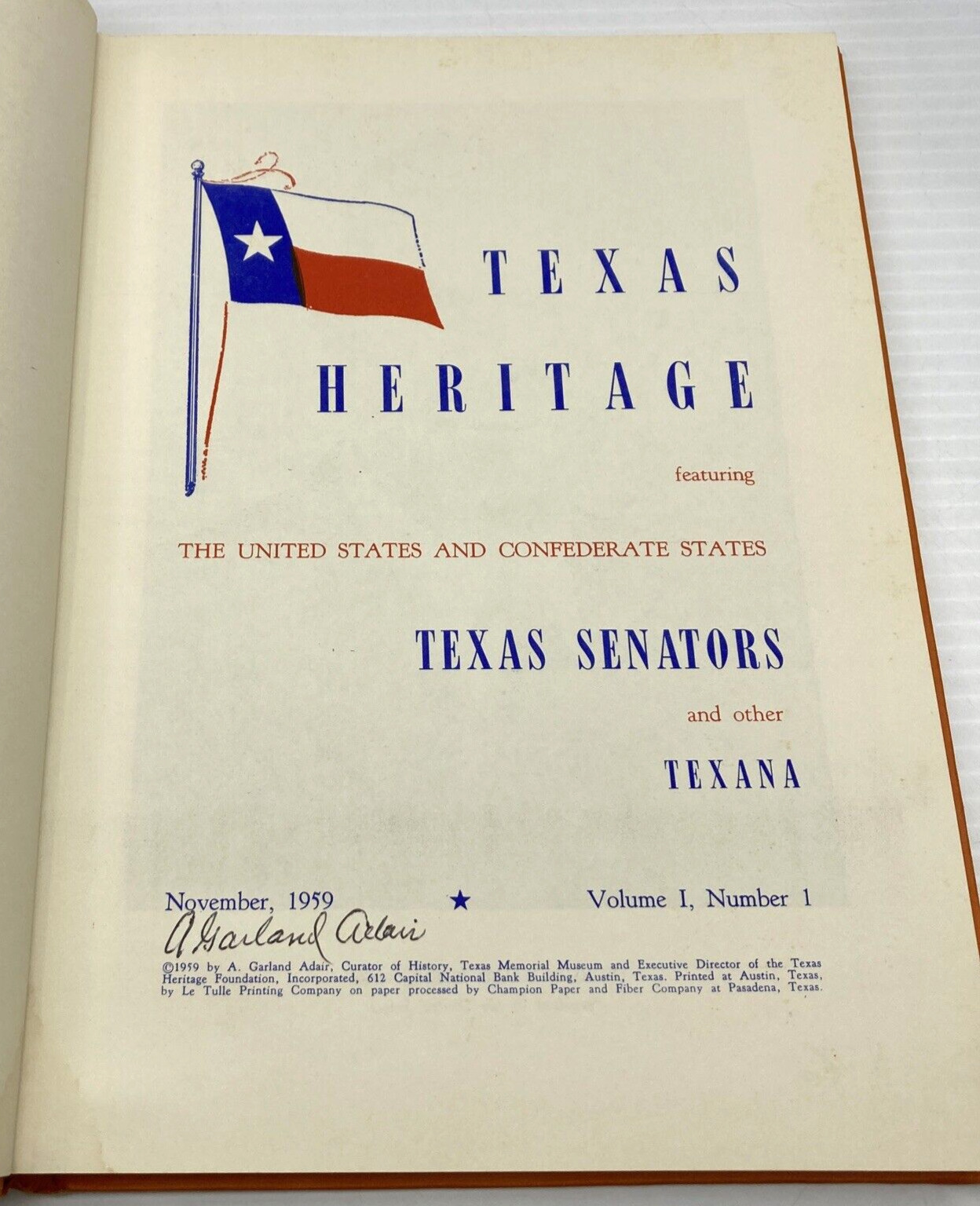 Texas Heritage Vol. 1 No. 1 Texas Heritage Foundation Signed 1959 HC Texana