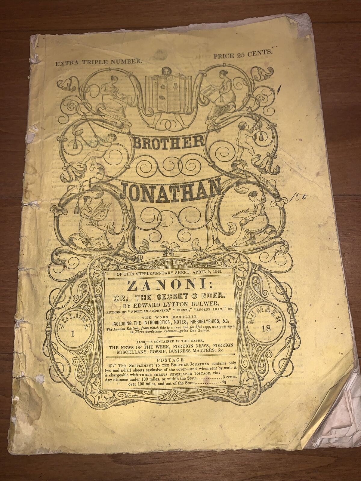 Vintage Rare News BROTHER JONATHAN Volume 1- #18-ZANONI Or The Secret Order 1842
