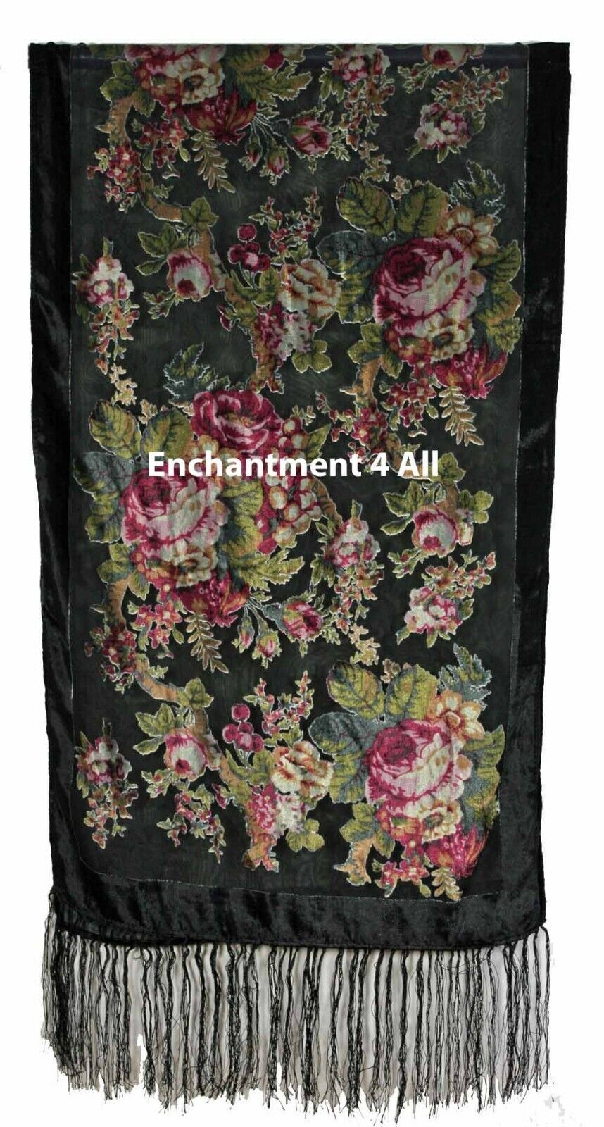 Elegant 100% Silk Burnout Velvet Vintage Floral Oblong Scarf Shawl Wrap, Black