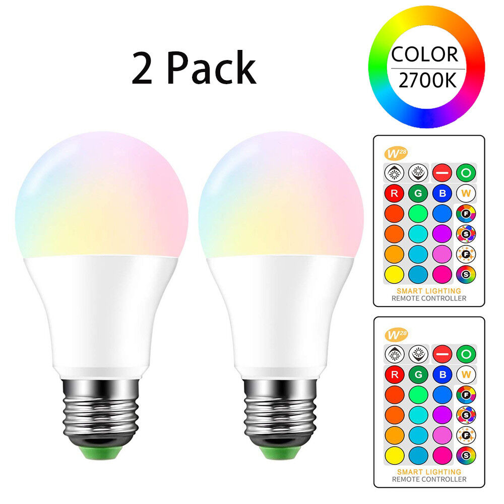 E26 LED Light Bulbs RGB Color Changing 10W A19 Warm White with Remote 2 Pack