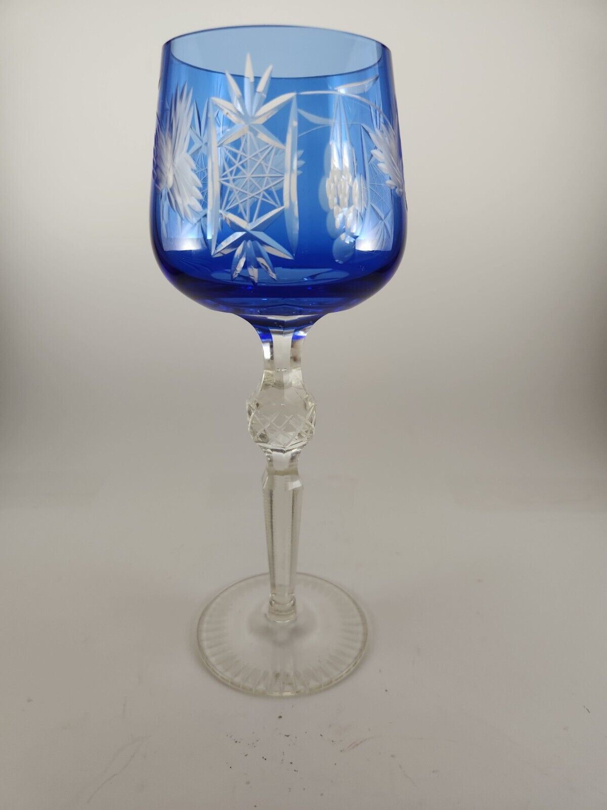 Antique Bohemian  Cut to Clear Crystal Tall Stem Water/ Wine Goblet Cobalt Blue