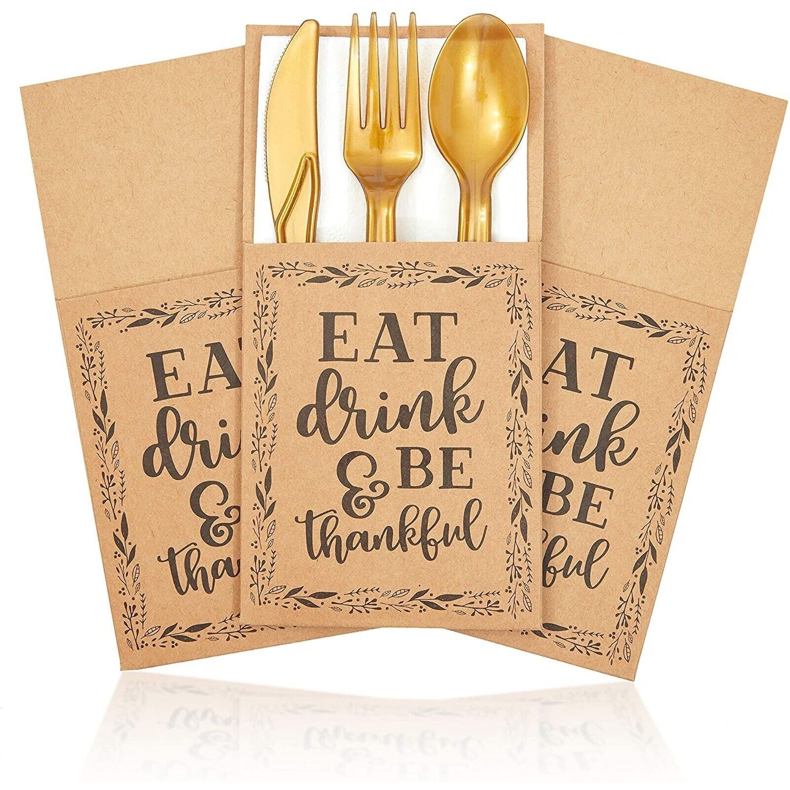 36x Eat Drink & Be Thankful Paper Utensil Holder Pocket for Thanksgiving Party