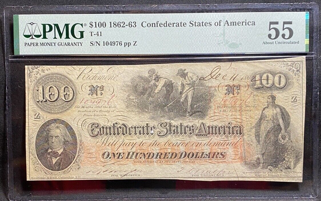 T-41 $100 1862-63 Confederate States Banknote Civil War Augusta Georgia PMG AU55