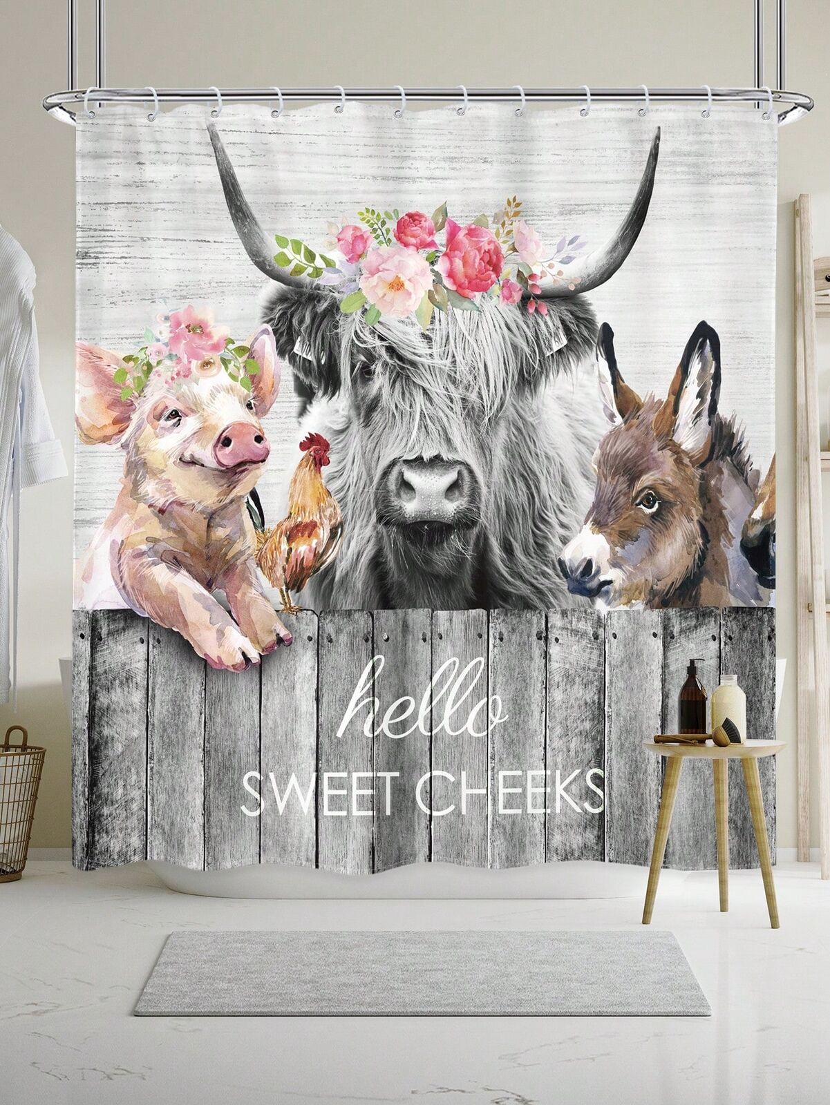 1pc Rustic Highland Cow Printed Shower Curtain With Western Animals