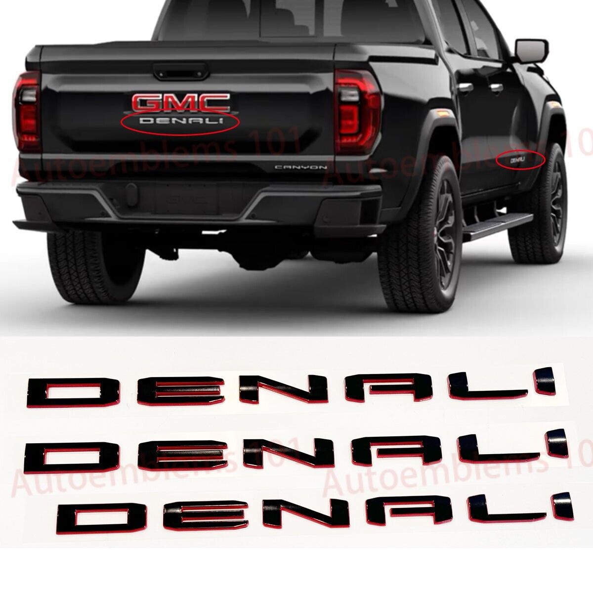 3PC Gloss Black Red Door Tailgate DENALI Letter Emblem Fit 2023+ Canyon DENALI