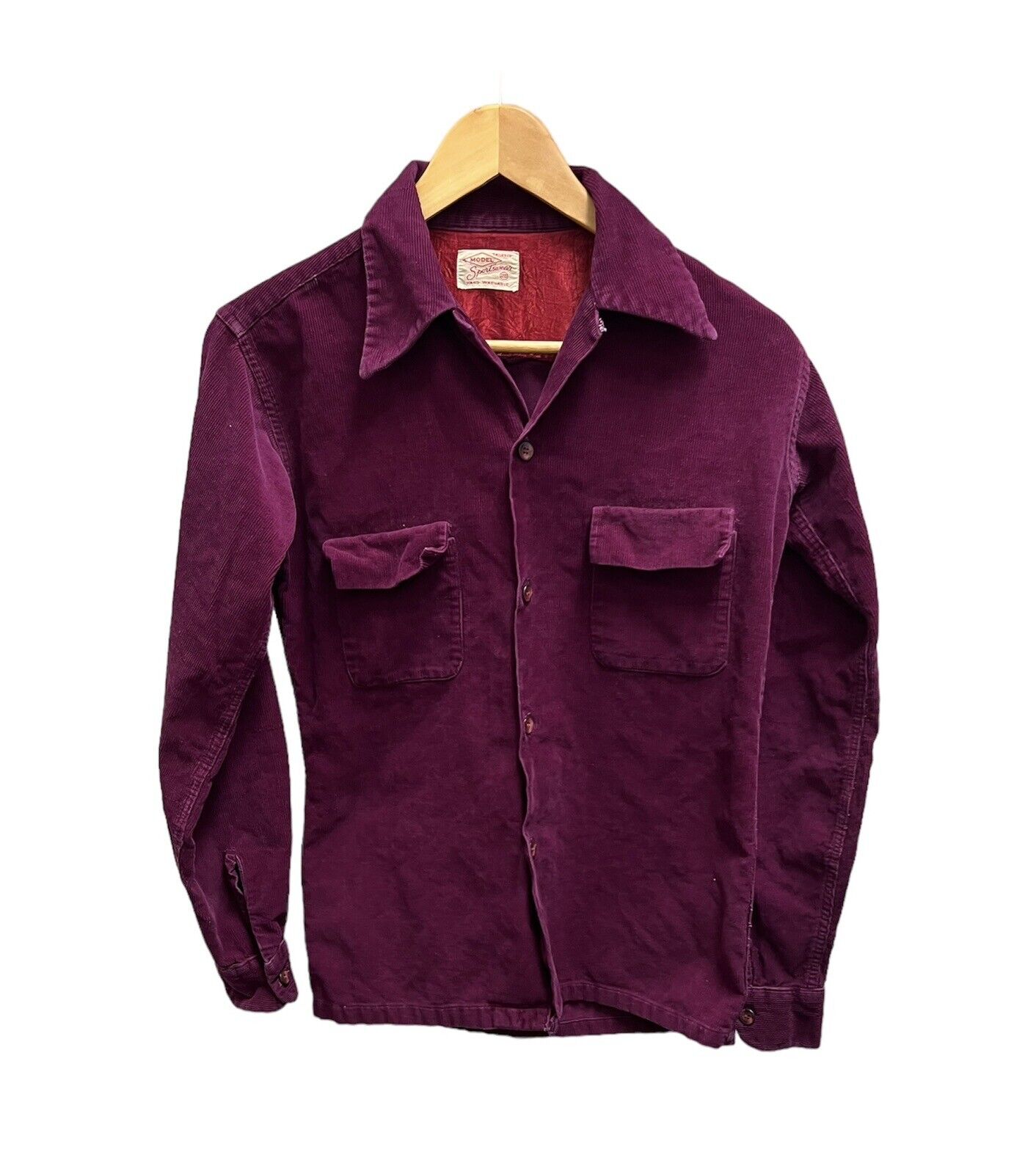 Vintage 1950s Corduroy Loop Collar Men’s Burgundy Shirt 50s S/M