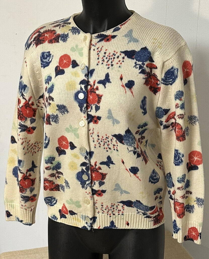 Vintage James Kenrob by Dalton Cream Floral Wool Cardigan Sweater Woman\'s Size M