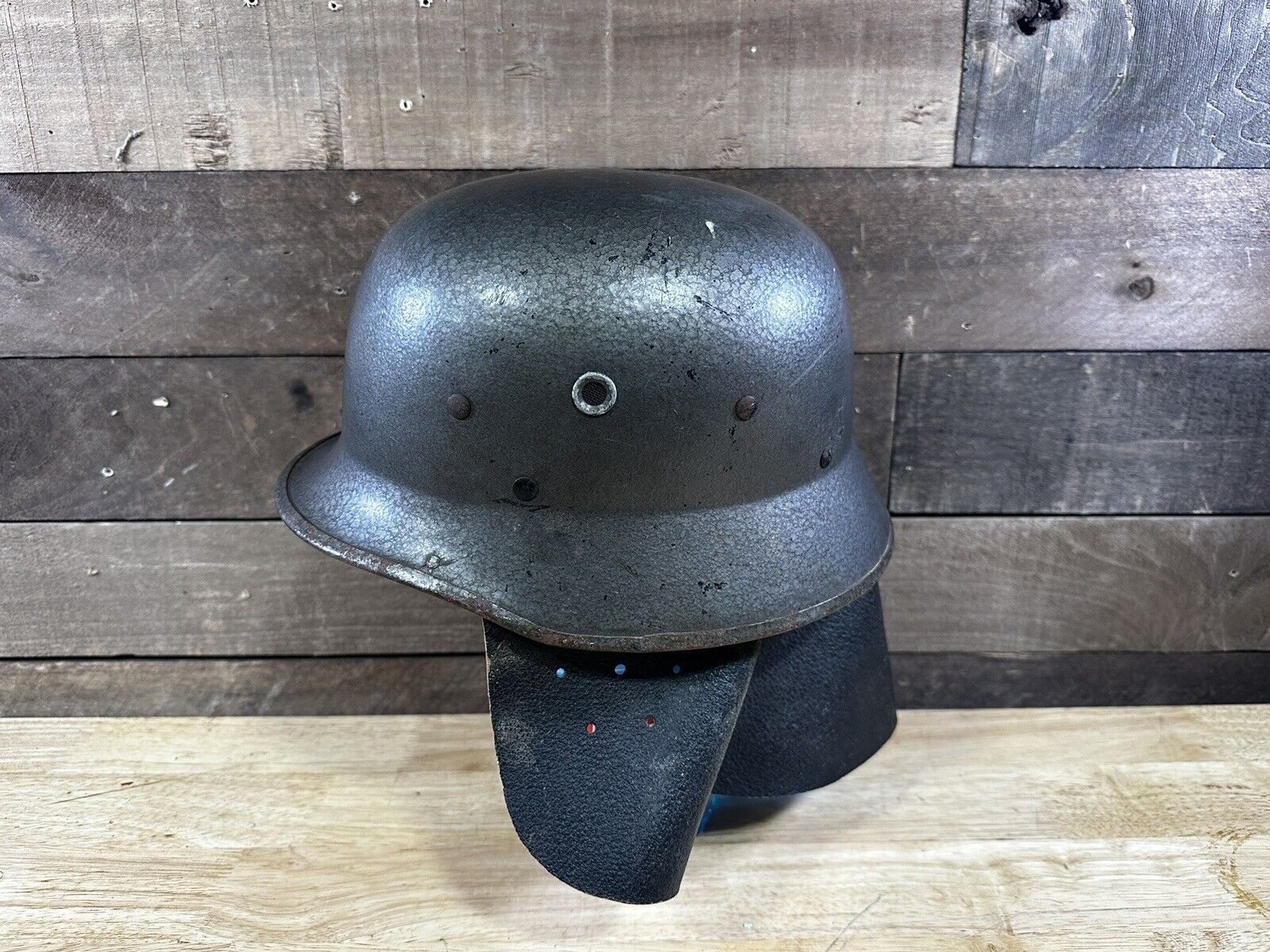 Vintage German Fire Helmet W/Leather Neck Protection 