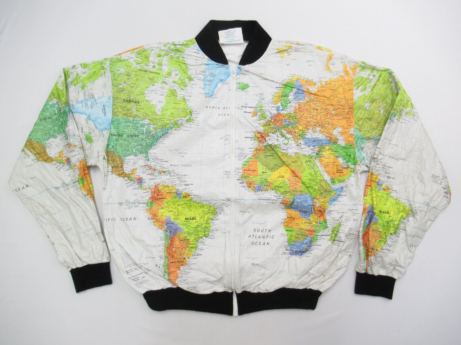 Vintage Wearin The World Map Jacket Mens Size XL Tyvec Kurt Cobain Nirvana 80\'s