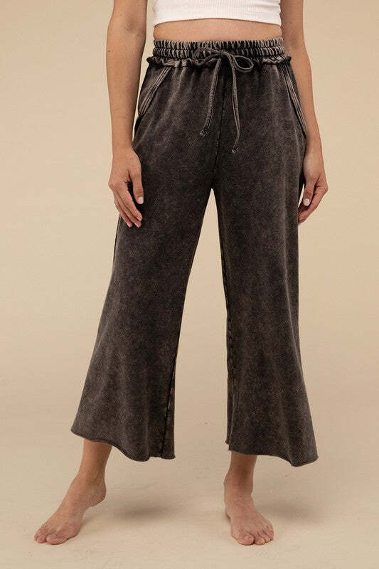 ZENANA Summer Washed French Terry Palazzo Sweat Pants with Pockets 100% Cotton