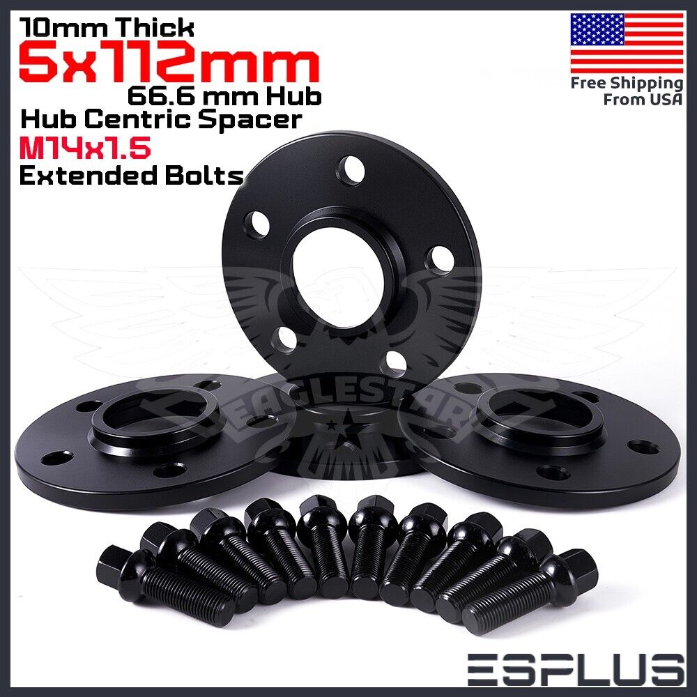 [4] 10mm Thick Mercedes 5x112mm CB 66.6 Wheel Spacer Kit 14x1.5 Bolts Included