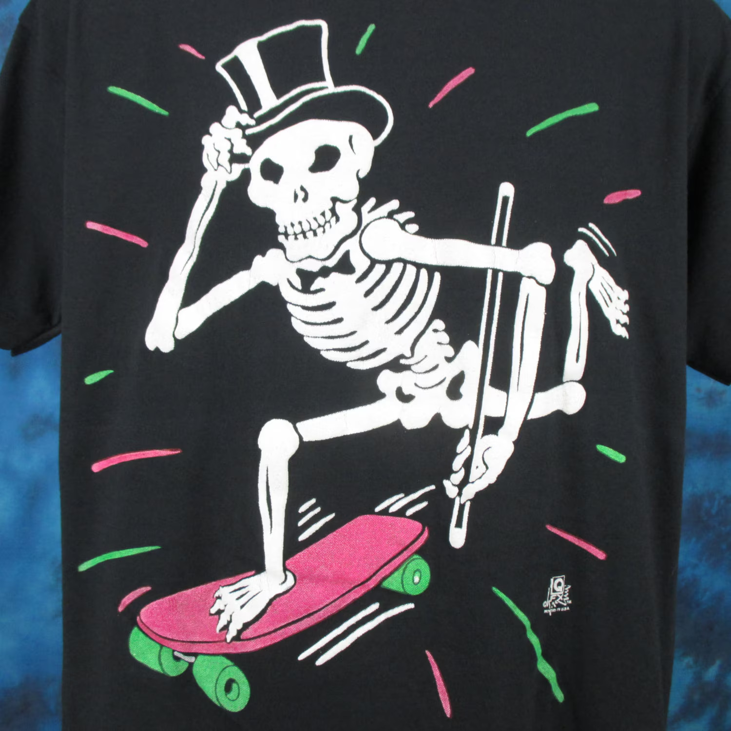 vtg 80s SKATEBOARD SKELETON TUX CARTOON T-Shirt M/L skate skull single stitch