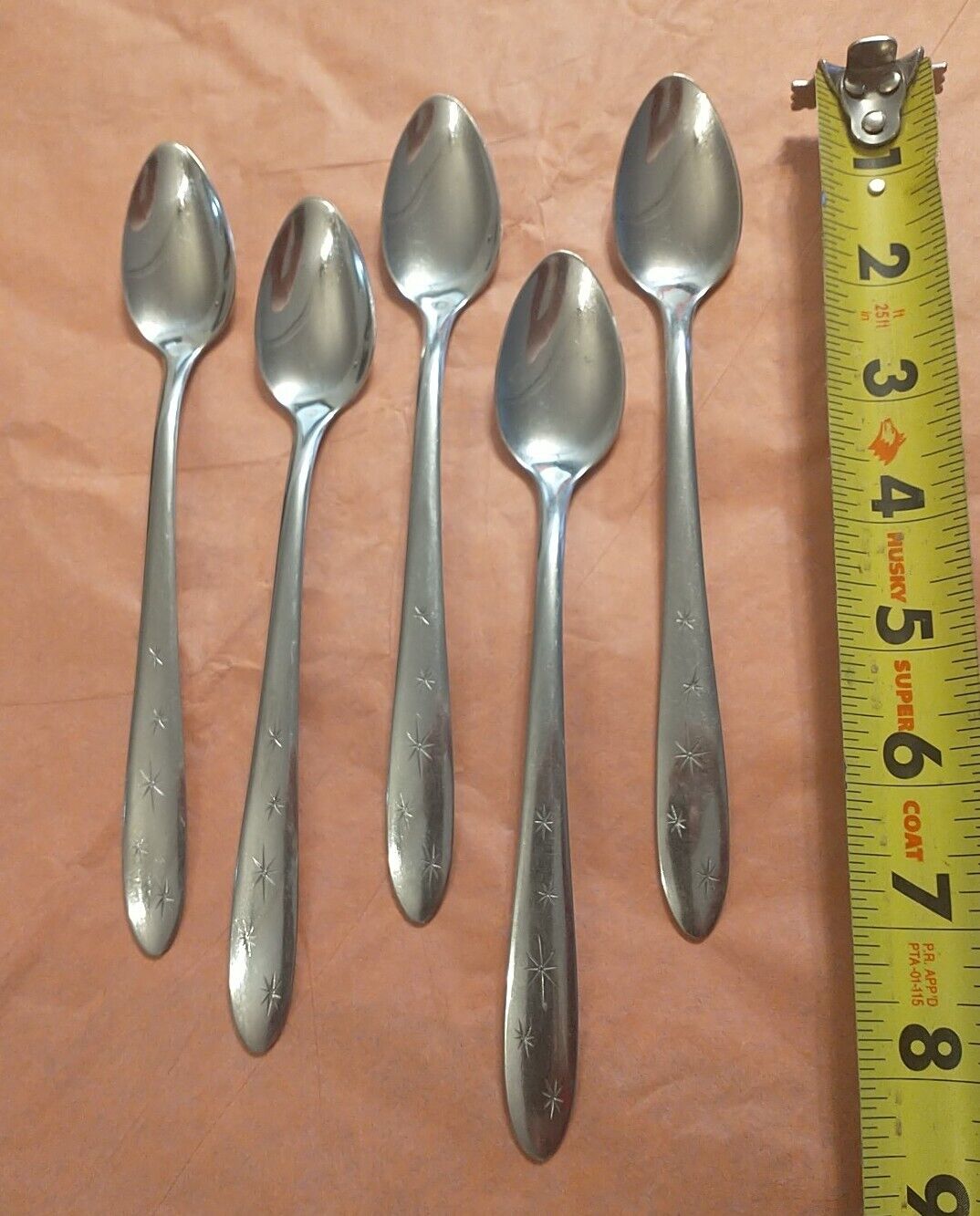 Mar Crest Starburst Stainless Flatware USA Made Set of 5 ICED TEA SPOONS Atomic 