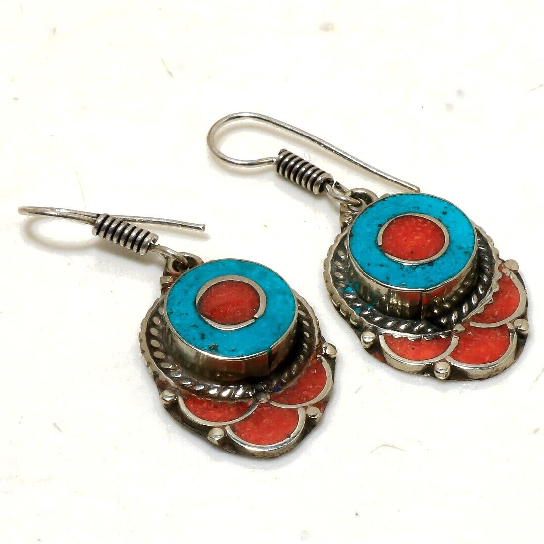 Red Coral Tibetan Turquoise Gemstone Drop/Dangle Nepali Earrings 2.10\