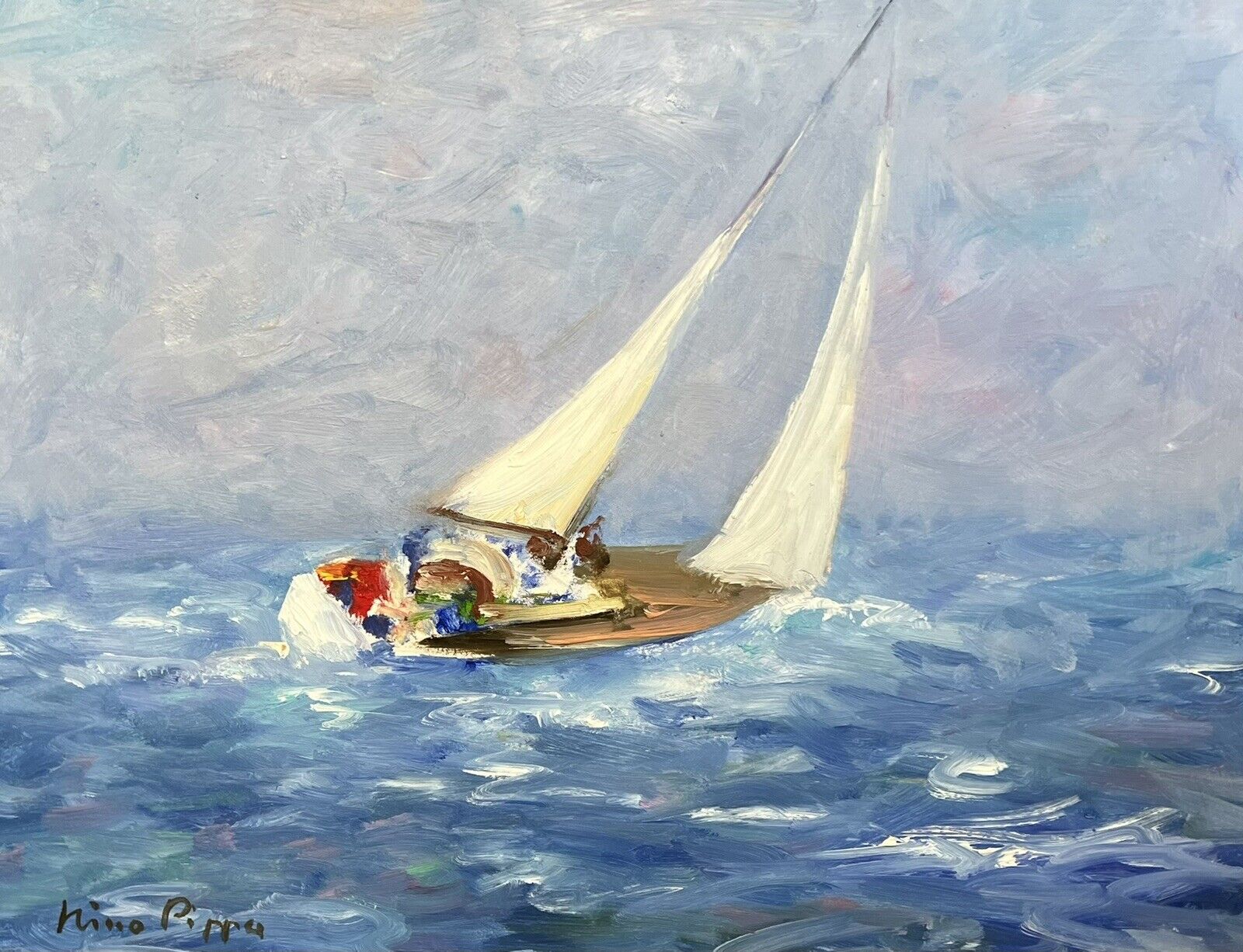 11X14 Original Oil Painting AskArt Artist Nino Pippa Sailboat on Rough Seas COA