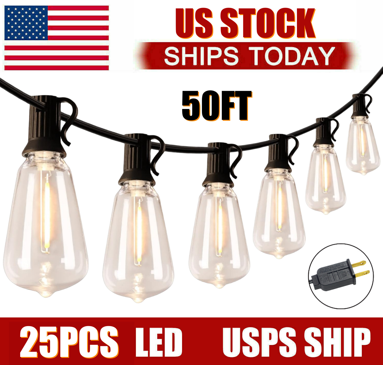 (50FT）(2x50FT) LED Outdoor String Lights, IP65 Waterproof Outside Patio Lights