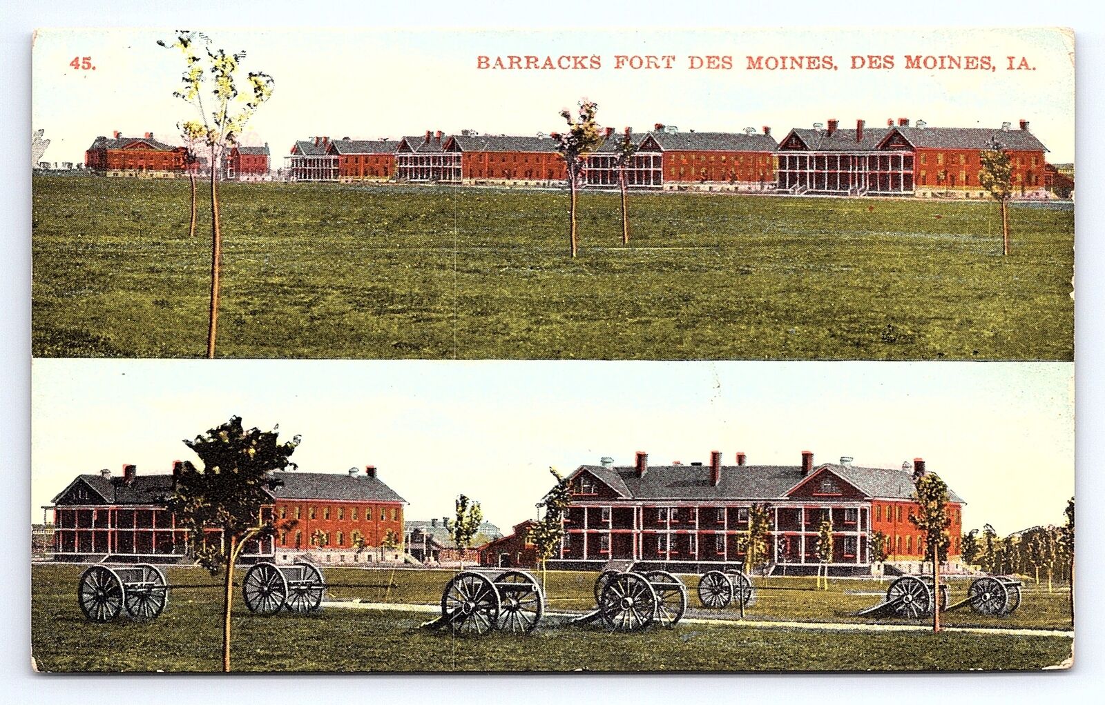 Postcard Barracks Fort Des Moines Iowa Landscape View Cannons