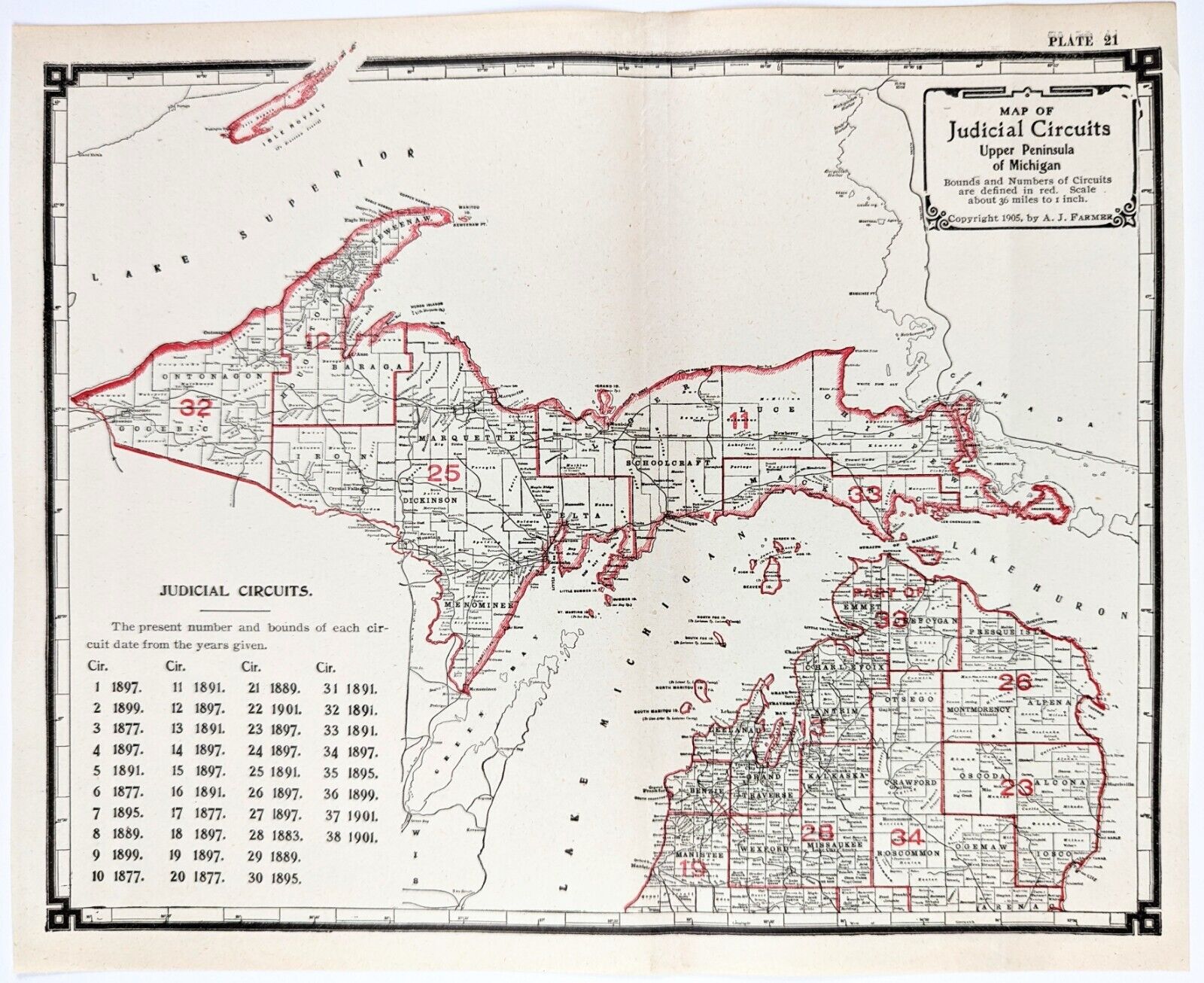 1905 Map UPPER PENINSULA MICHIGAN Lake Superior Mackinac Isle Royale Green Bay