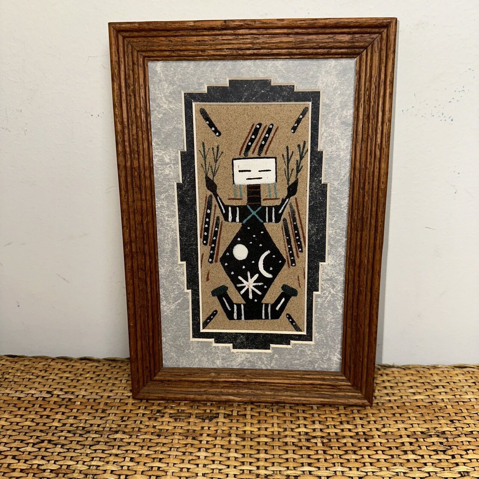 Navajo Sand Painting Father Sky Moon Stars Matted Framed Neutral Tones Certified