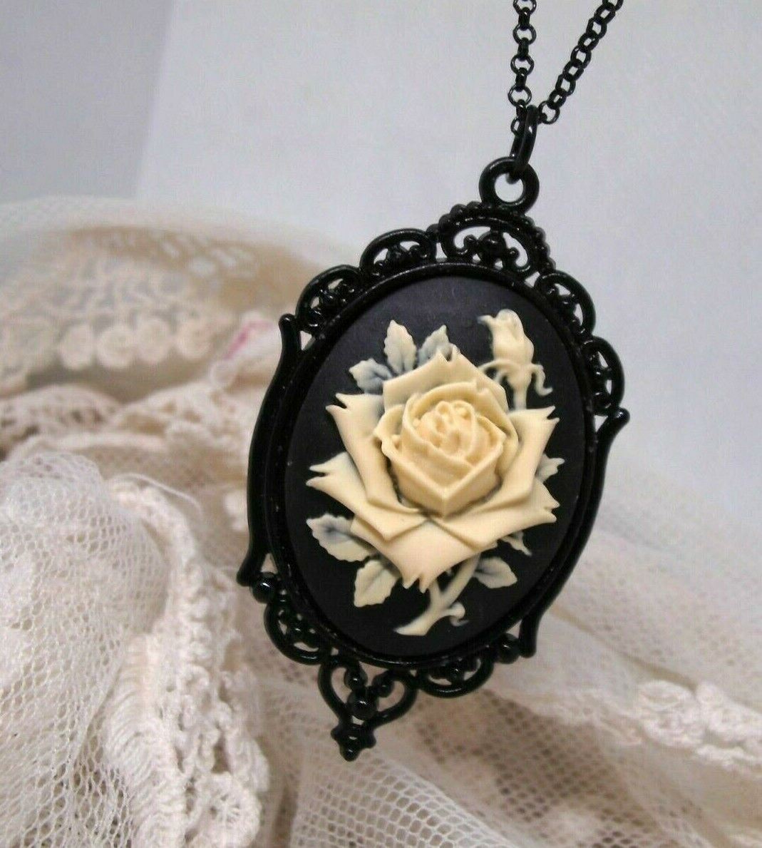 Black antique white cameo rose rockabilly necklace pendant Gothic Victorian  