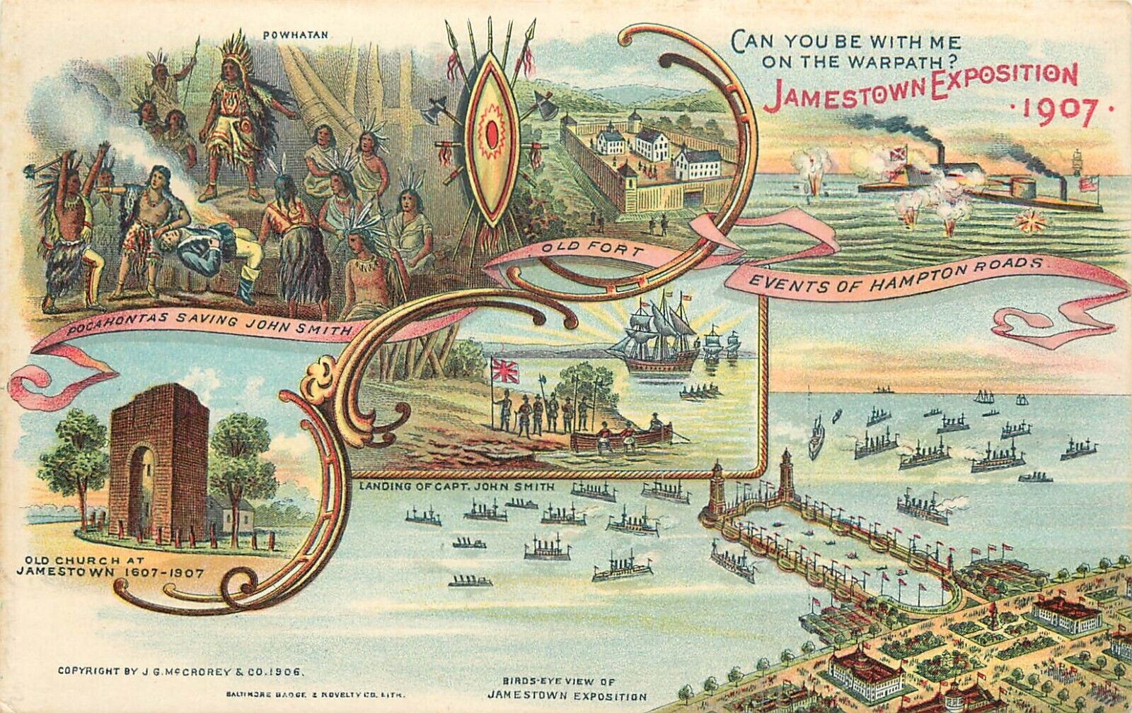 Multiview Postcard Jamestown Exposition 1907 Pocahontas & John Smith Powhatan
