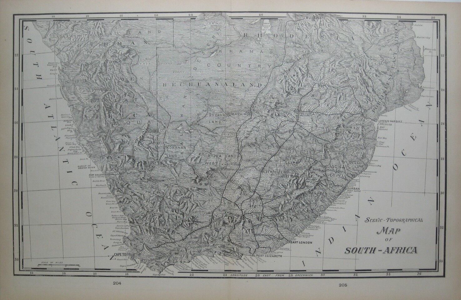 Original Antique Topographical Map SOUTH AFRICA Pretoria Johannesburg Cape Town
