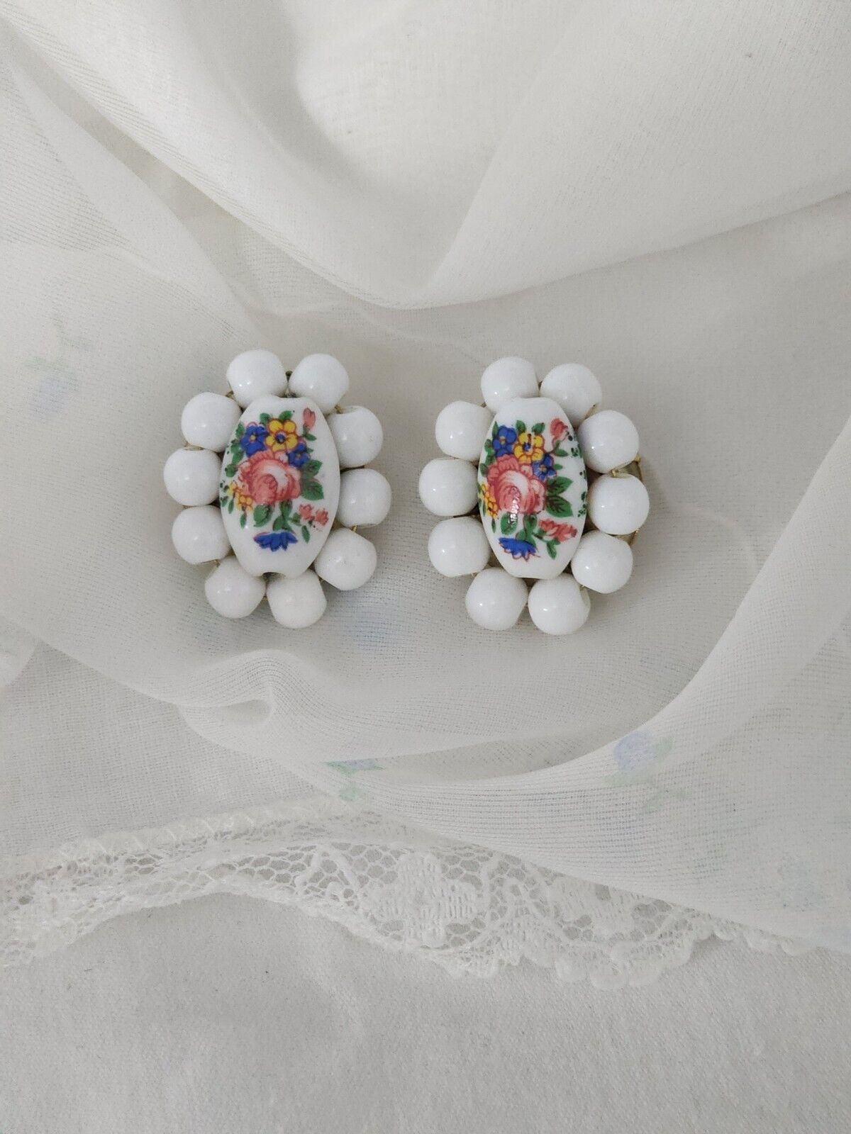 Vintage Floral painted Porcelain Clip On Style Earrings Stunning L@@K